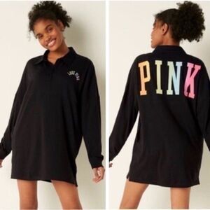 NWT VICTORIA'S SECRET PINK LOGO BLACK‎ RAINBOW VARSITY POLO T-SHIRT DRESS MEDIUM
